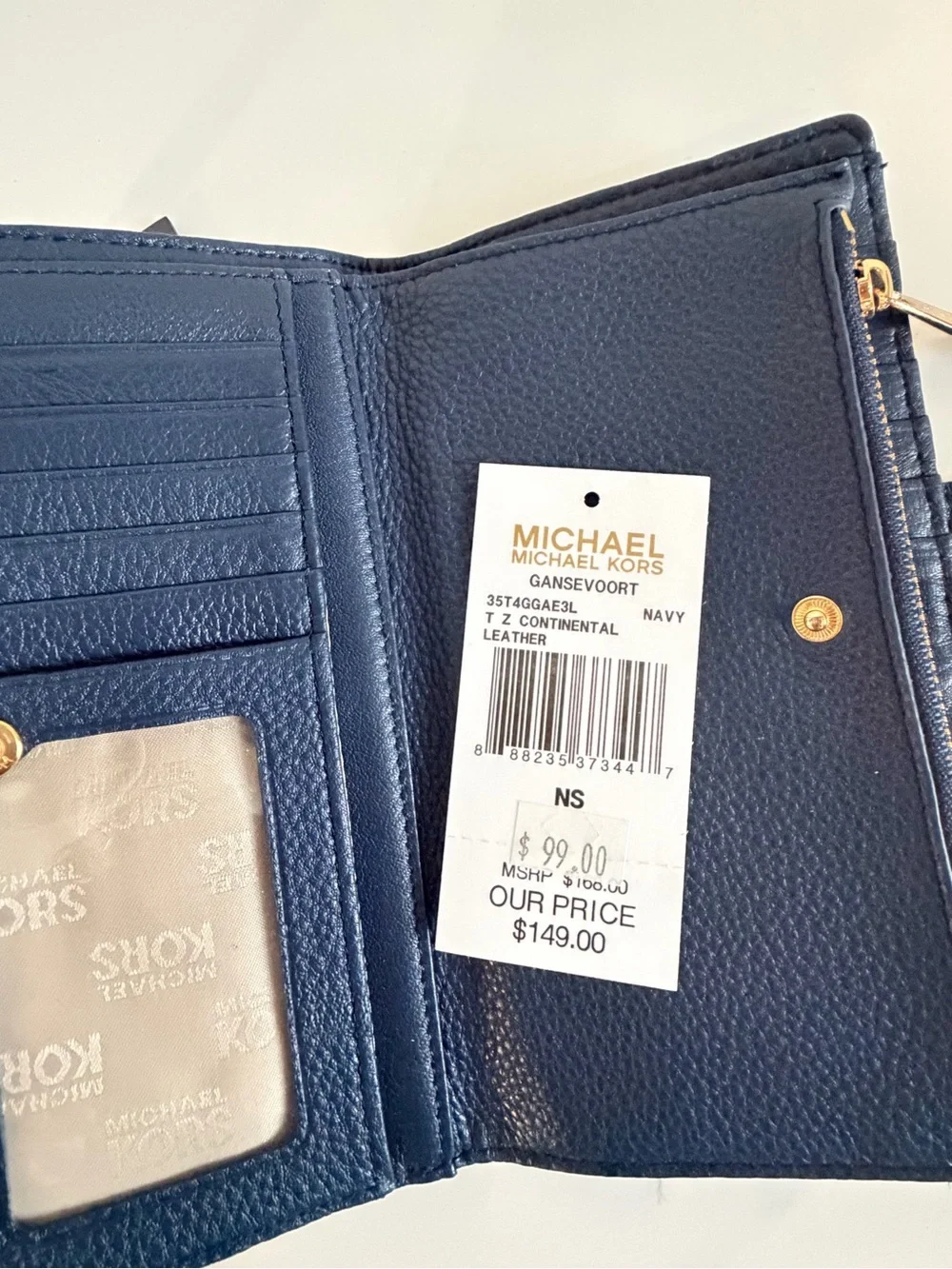 Michael Kors Gansevoort Navy Pebbled Leather Wallet with Gold-Tone Buckle